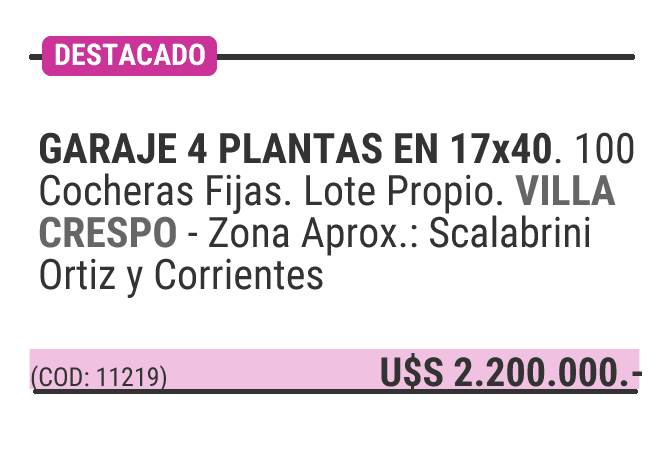 GARAJE 4 PLANTAS EN 17x40. 100 Cocheras Fijas. Lote Propio. VILLA CRESPO - Zona Aprox.: Scalabrini Ortiz y Corrientes