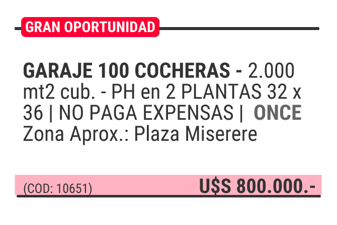 GARAJE 100 COCHERAS - 2.000 mt2 cub. - PH en 2 PLANTAS 32 x 36 | NO PAGA EXPENSAS | ONCE Zona Aprox.: Plaza Miserere